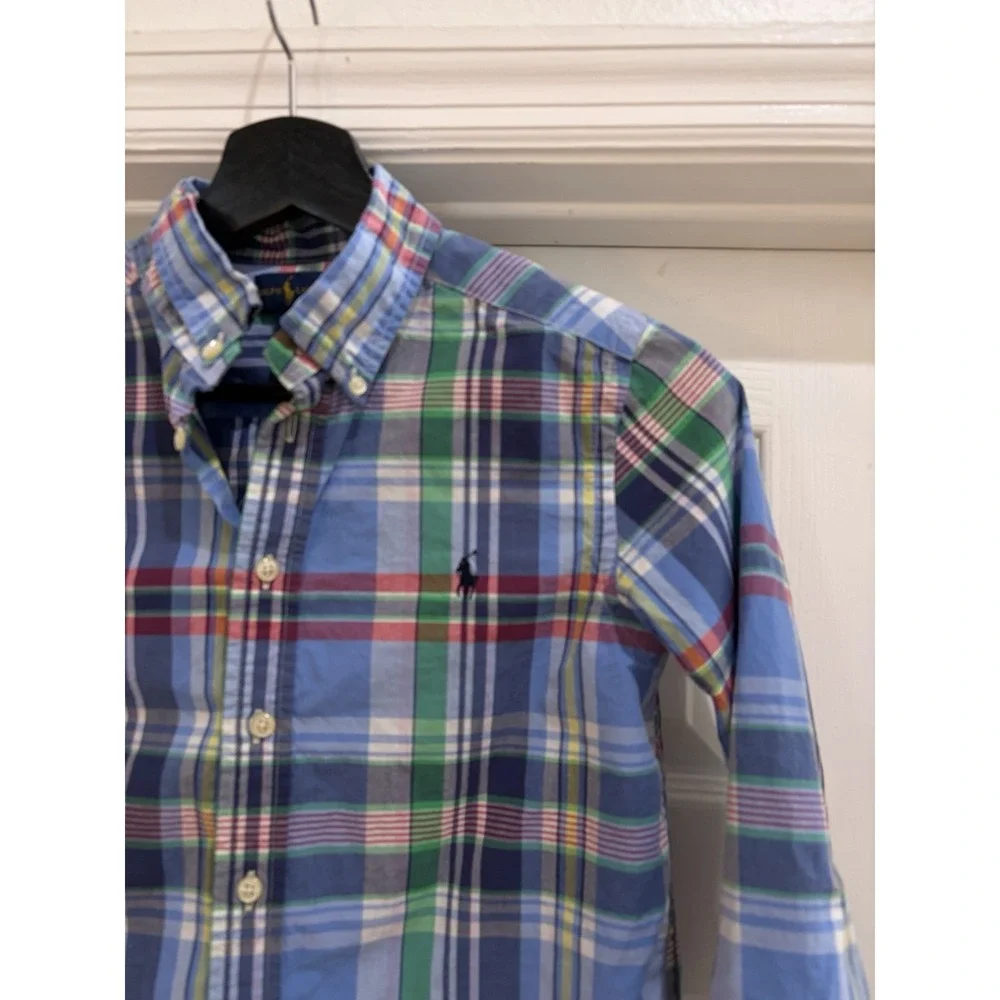 Ralph Lauren Boys Plaid Button-Down Shirt Blue Green Long Sleeve M (10-12) Logo